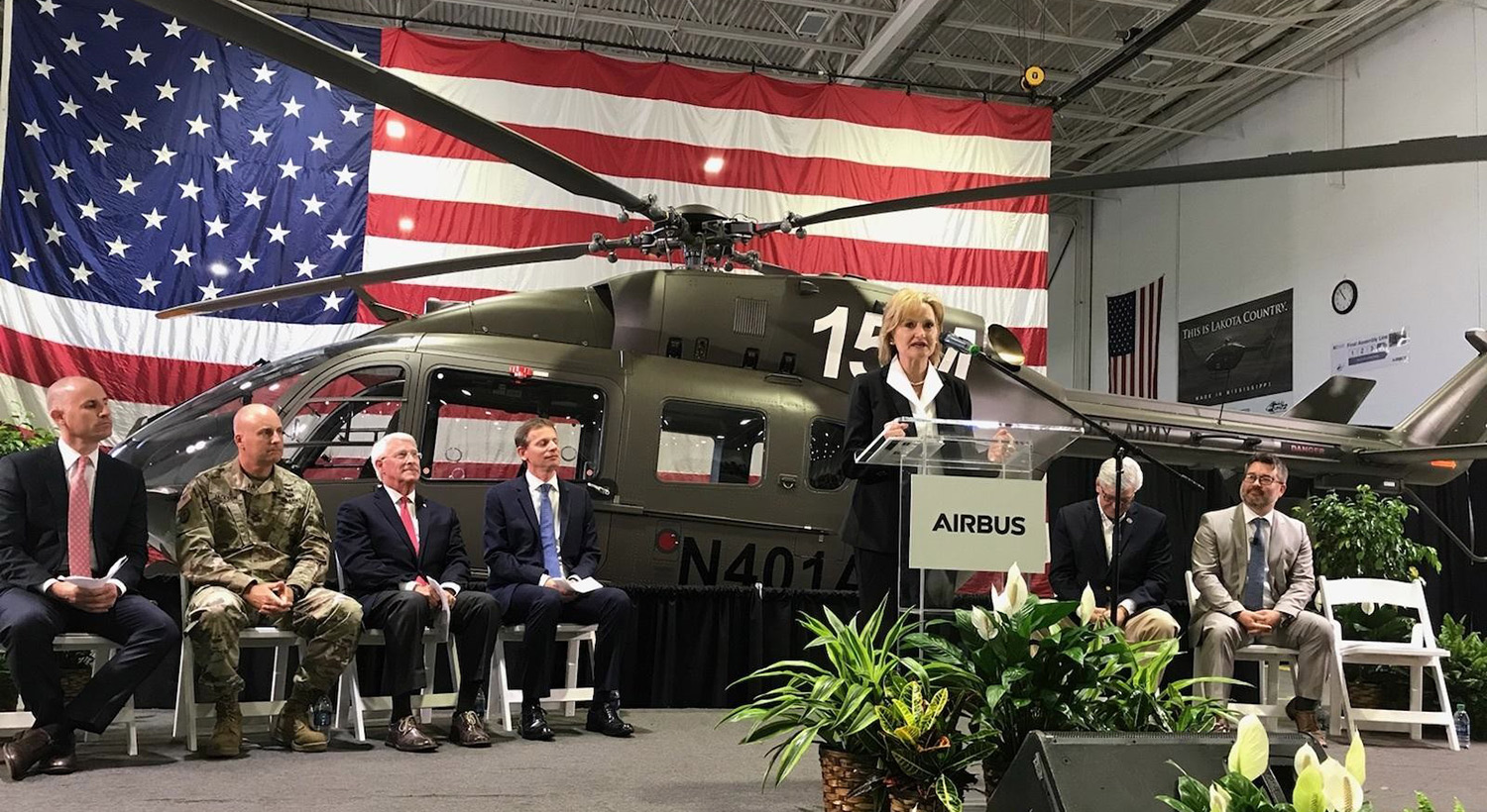 Senator Hyde-Smith addresses the crowd at the Airbus manufacturing plant in Columbus